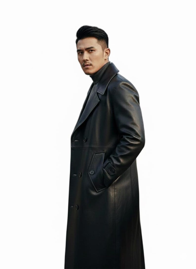 Long Black PU Leather Trench Coat | Double Breasted Spring Autumn Overcoat for Men & Women |