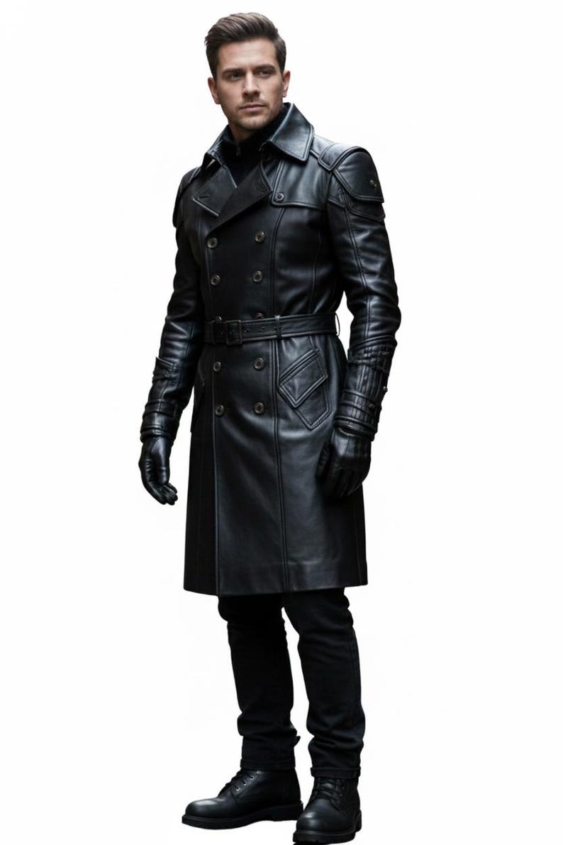 Women’s Black Leather Trench Coat | Gothic Long Coat | Double-Breasted Belted Jacket Secondary image