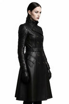 Women’s Black Leather Trench Coat | Gothic Long Coat | Double-Breasted Belted Jacket