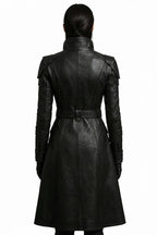 Women’s Black Leather Trench Coat | Gothic Long Coat | Double-Breasted Belted Jacket