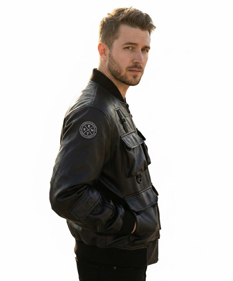 Tactical Black Leather Bomber Jacket | Utility Multi-Pocket Streetwear Jacket | Unisex Cargo Style Winter Outerwear