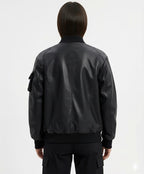 Tactical Black Leather Bomber Jacket | Utility Multi-Pocket Streetwear Jacket | Unisex Cargo Style Winter Outerwear