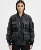 Tactical Black Leather Bomber Jacket | Utility Multi-Pocket Streetwear Jacket | Unisex Cargo Style Winter Outerwear