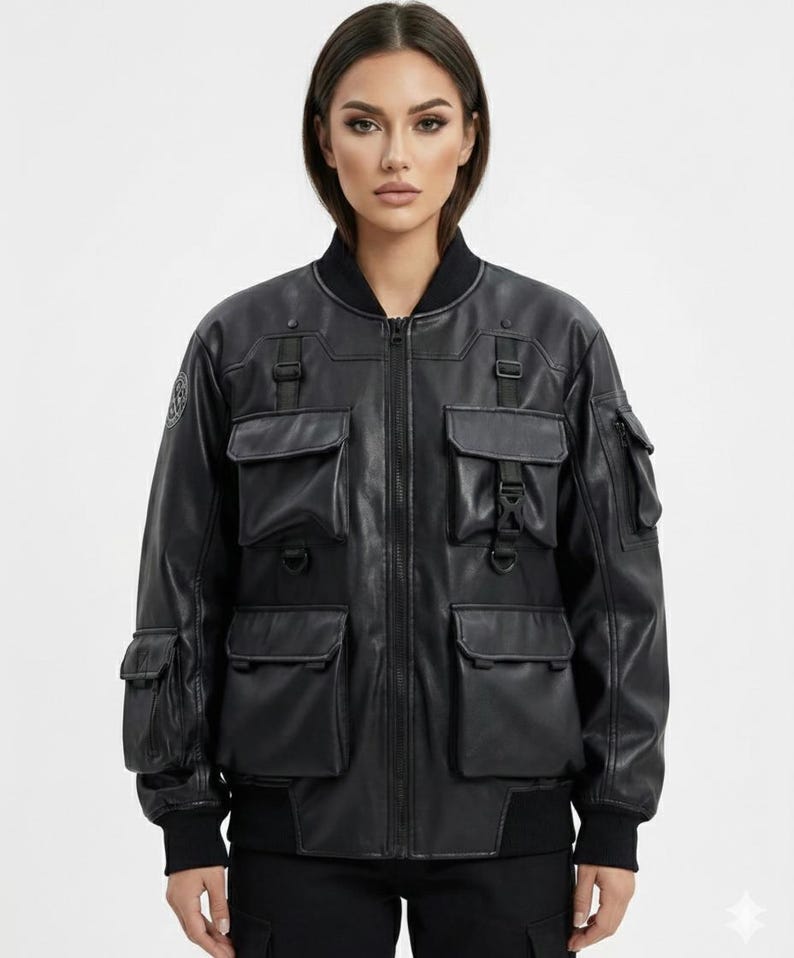 Tactical Black Leather Bomber Jacket | Utility Multi-Pocket Streetwear Jacket | Unisex Cargo Style Winter Outerwear