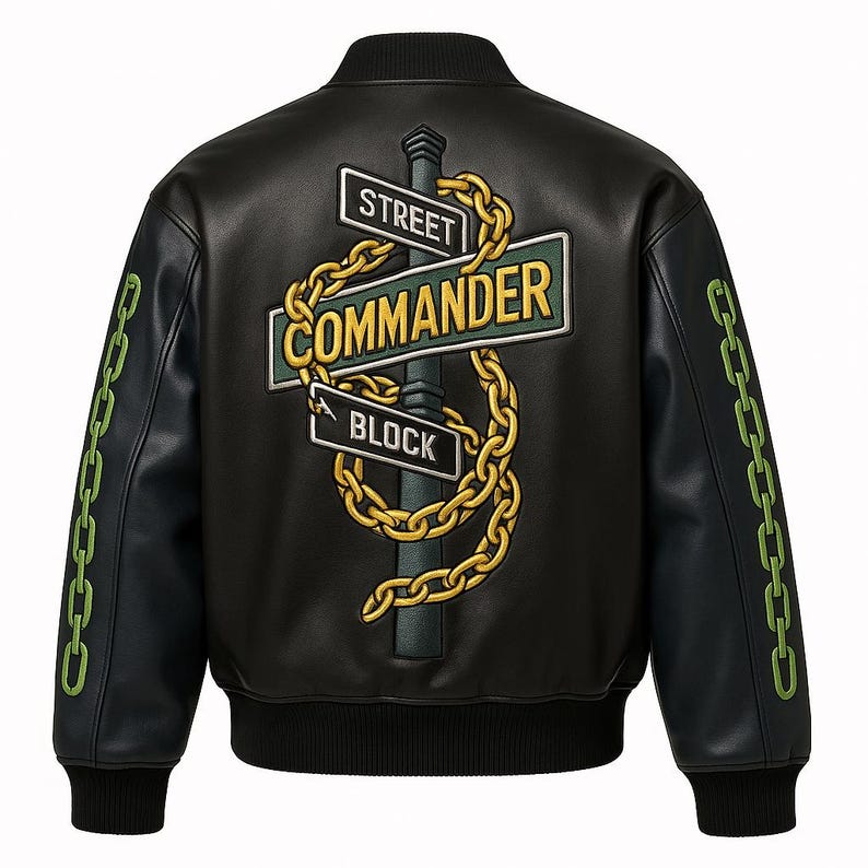 Commander Varsity Leather Jacket | Chain Sleeve Streetwear