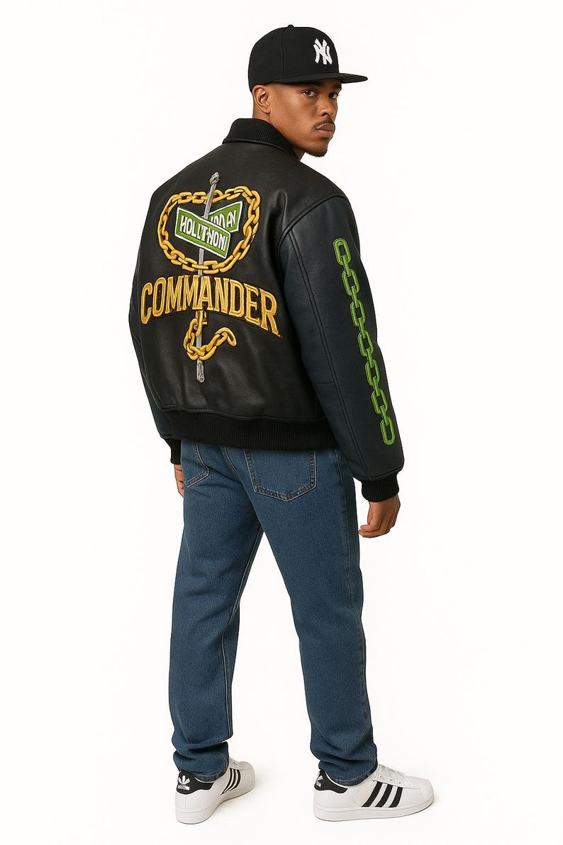 Commander Varsity Leather Jacket | Chain Sleeve Streetwear