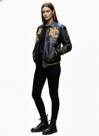 Unisex RFC Dragon Varsity Bomber Jacket | Black Leather Look Patch Coat for Men & Women