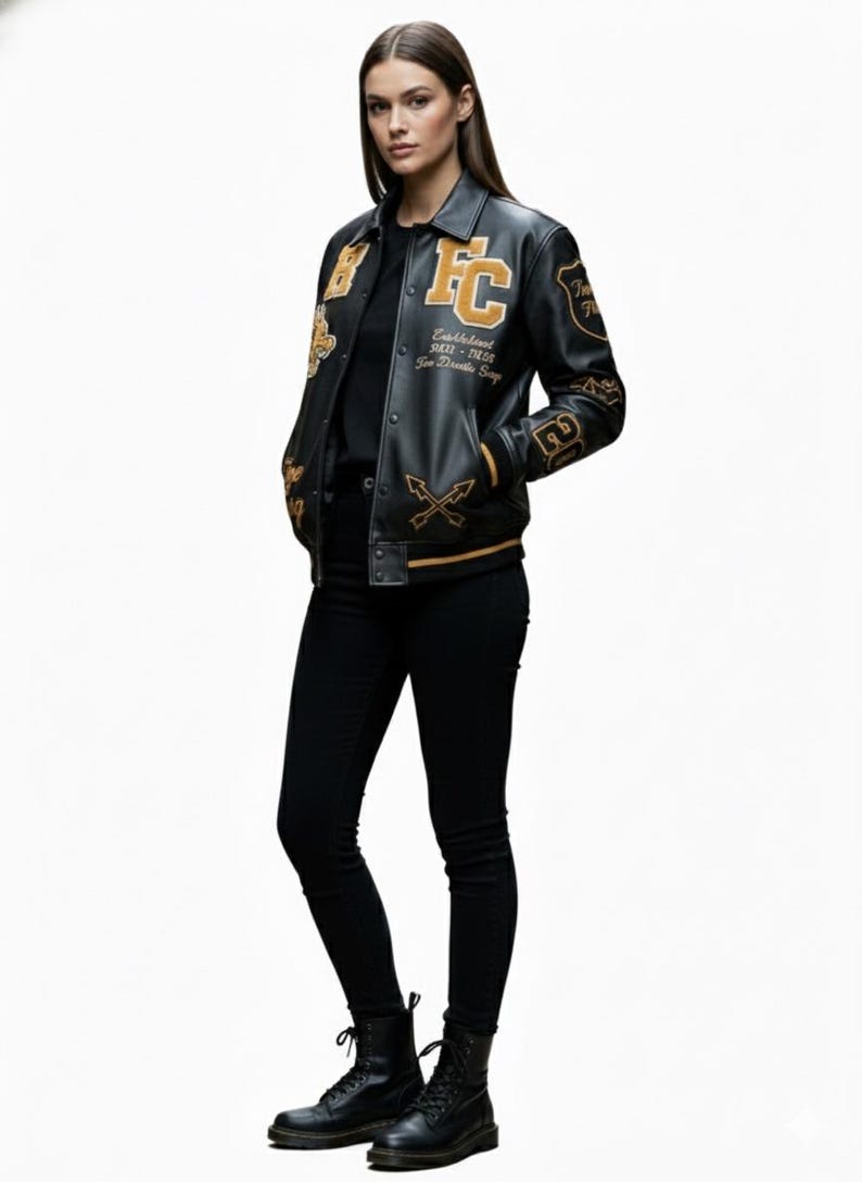 Unisex RFC Dragon Varsity Bomber Jacket | Black Leather Look Patch Coat for Men & Women