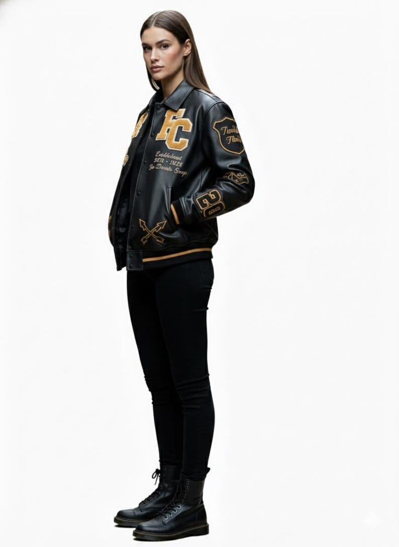 Unisex RFC Dragon Varsity Bomber Jacket | Black Leather Look Patch Coat for Men & Women