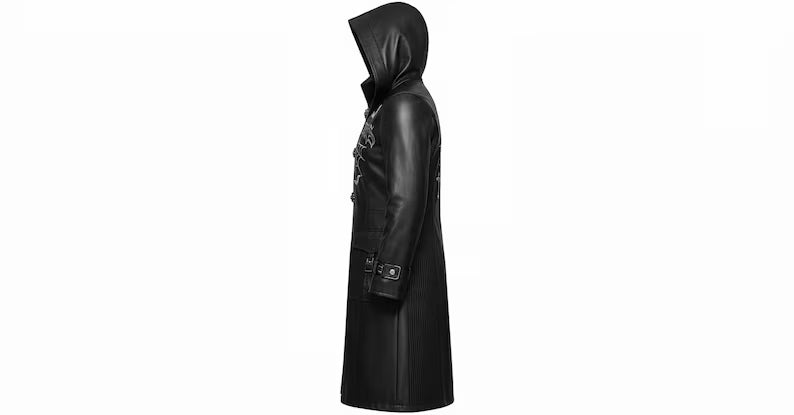 Gothic Hooded Faux Leather Trench Coat | Spider Web Embroidery