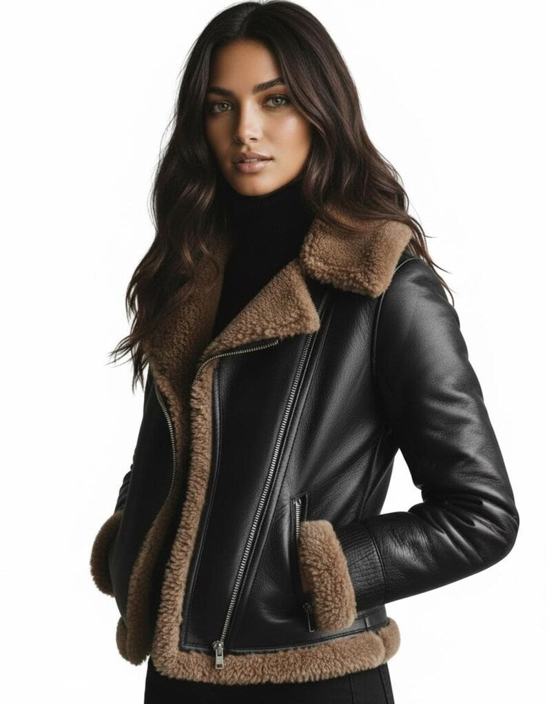 Genuine Leather Aviator Jacket | Faux Shearling Winter Coat