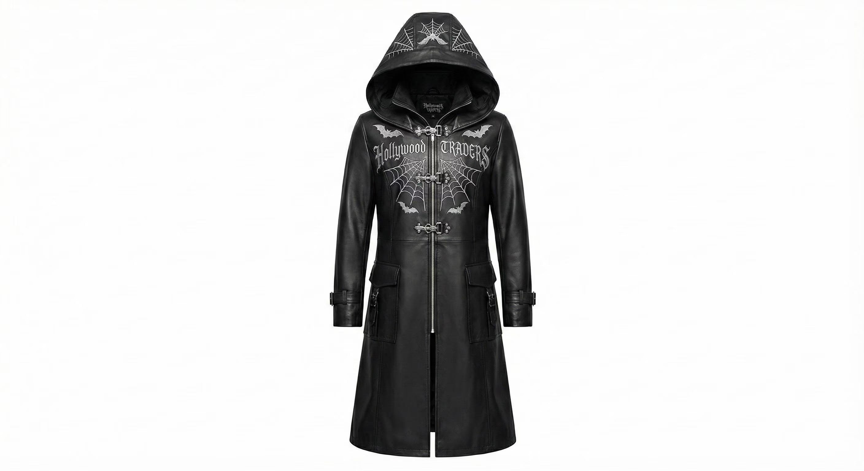 Gothic Hooded Faux Leather Trench Coat | Spider Web Embroidery