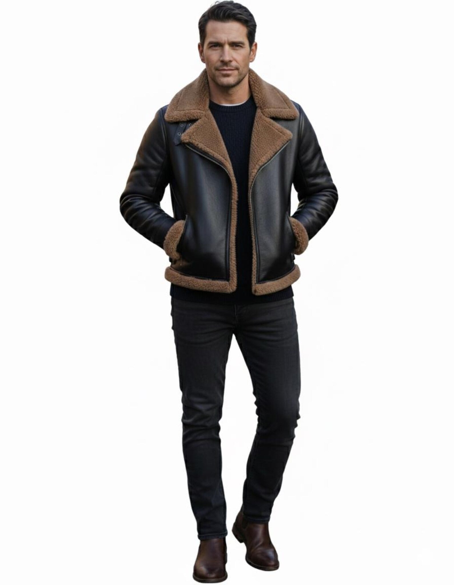 Genuine Leather Aviator Jacket | Faux Shearling Winter Coat Main image