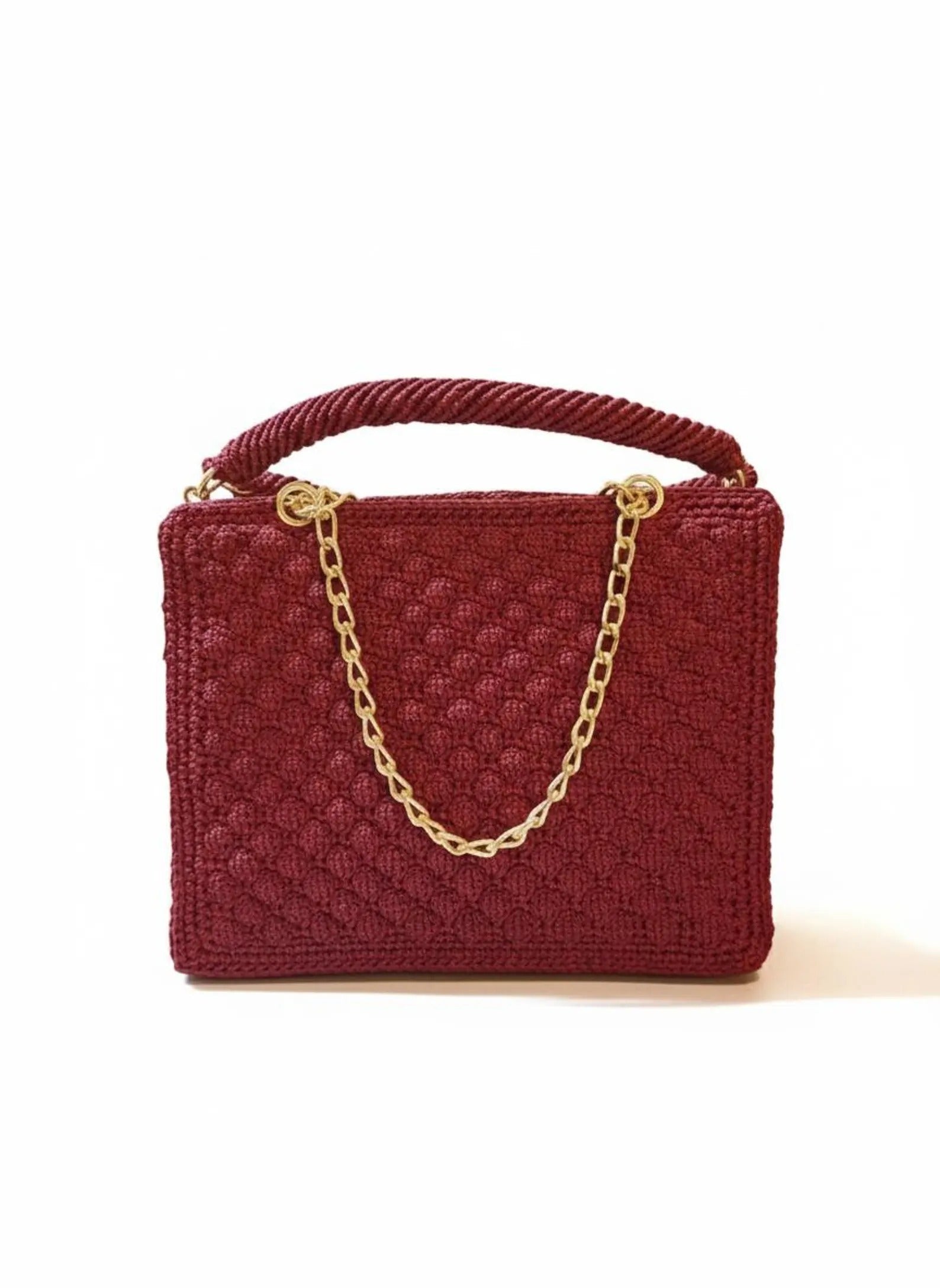Handmade Crochet Burgundy Handbag | Gold Chain Strap, Boho Purse