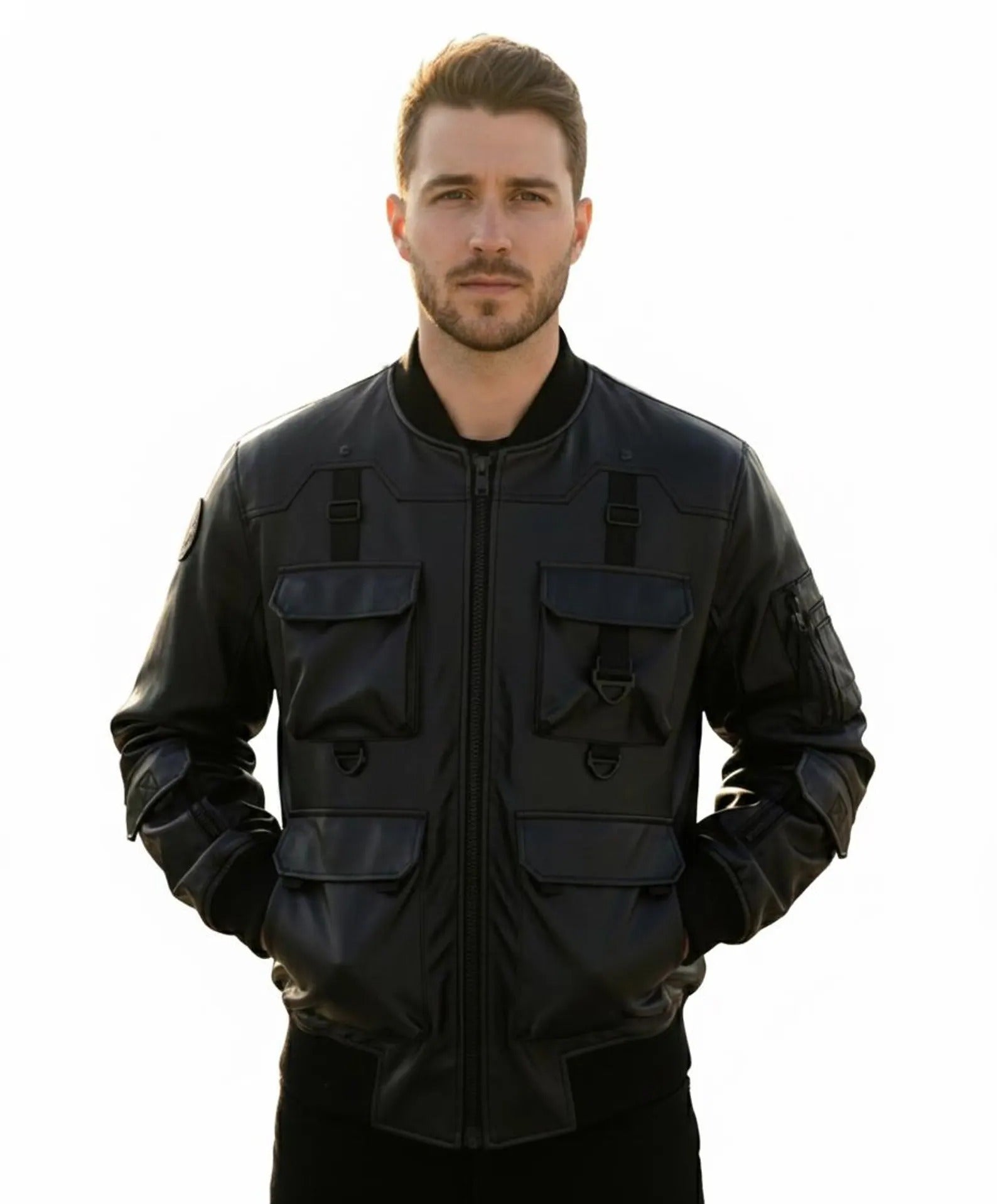 Tactical Black Leather Bomber Jacket | Utility Multi-Pocket Streetwear Jacket | Unisex Cargo Style Winter Outerwear Main image