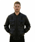 Tactical Black Leather Bomber Jacket | Utility Multi-Pocket Streetwear Jacket | Unisex Cargo Style Winter Outerwear