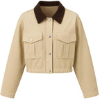 Cropped Barn Jacket for Women – Tan Canvas Chore Coat with Brown Collar