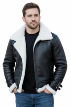 Men's Black Genuine Leather Aviator Jacket with Shearling