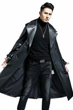 Long Black PU Leather Trench Coat | Double Breasted Spring Autumn Overcoat for Men & Women |