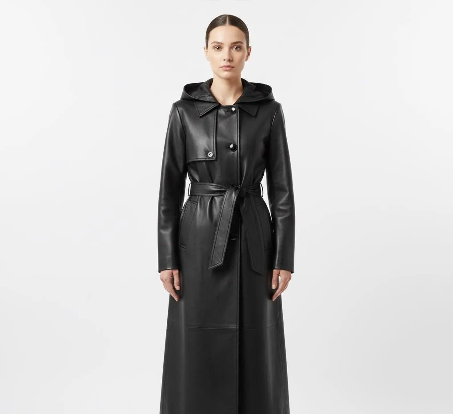 Belted Long Black Leather Trench Coat | Winter Overcoat
