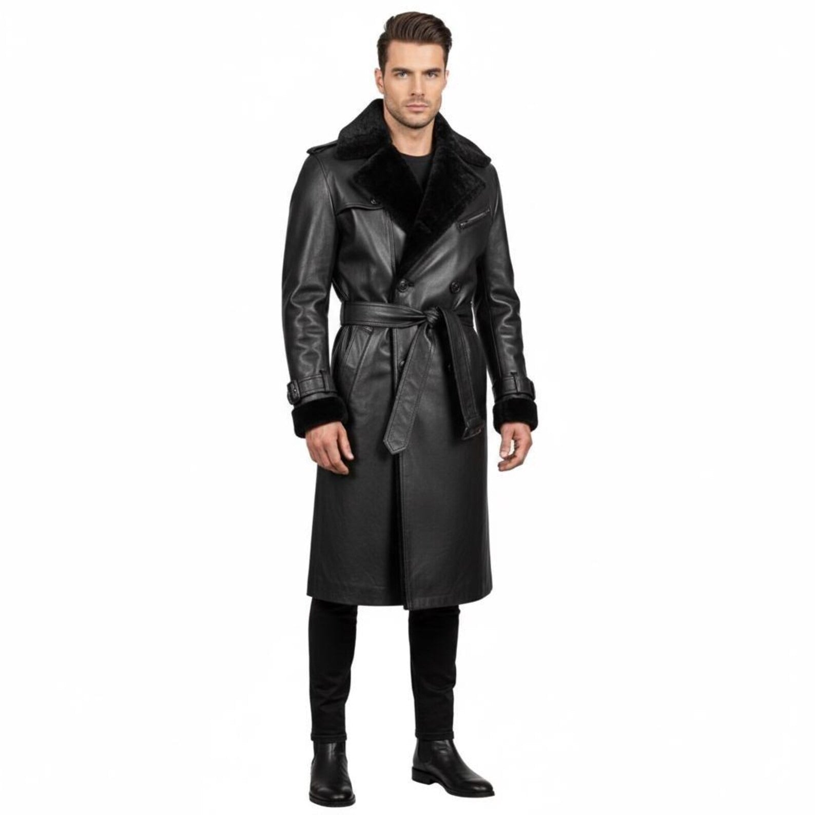 B3 Shearling Leather Trench Coat | Double Breasted Long Overcoat | Aviator Winter Jacket