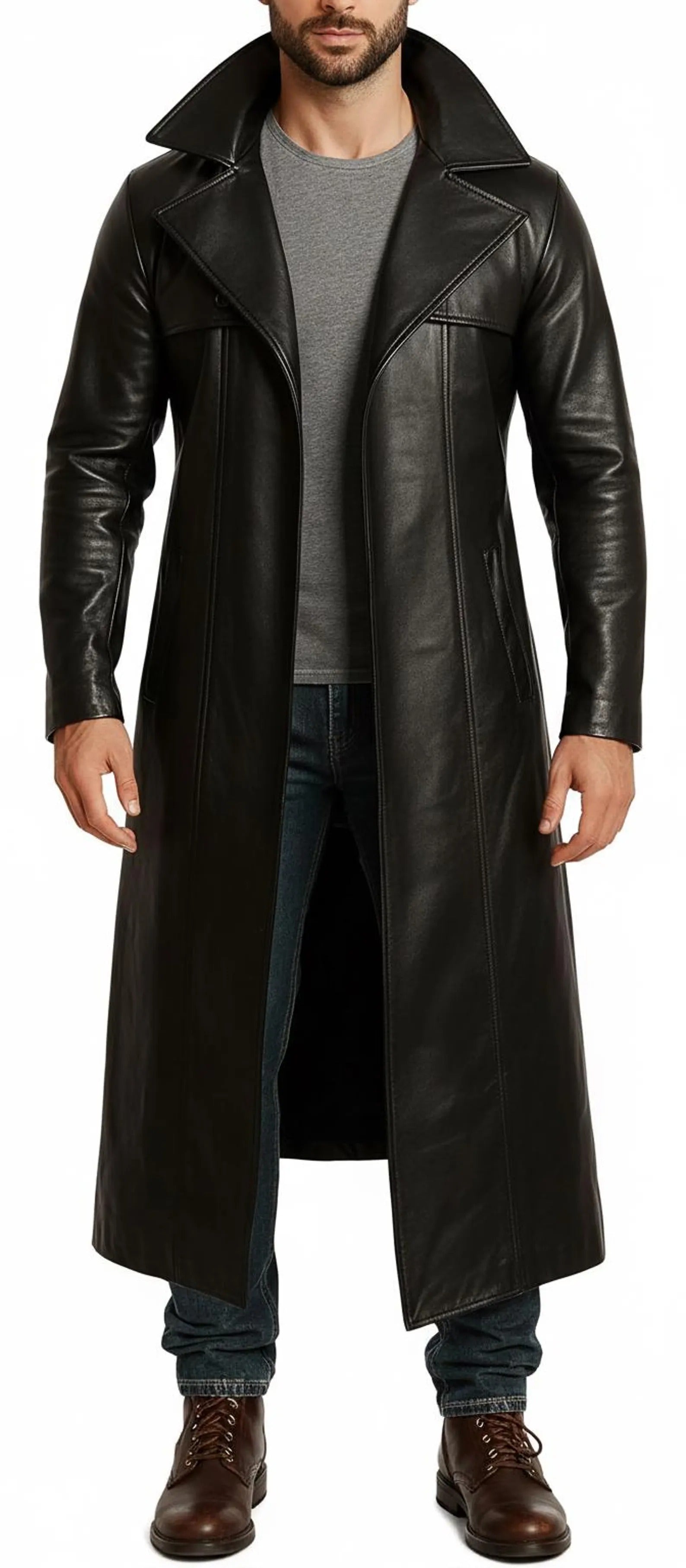 Black Leather Trench Coat | Long Gothic Overcoat for Men & Women | Matrix Style Costume Jacket Main image