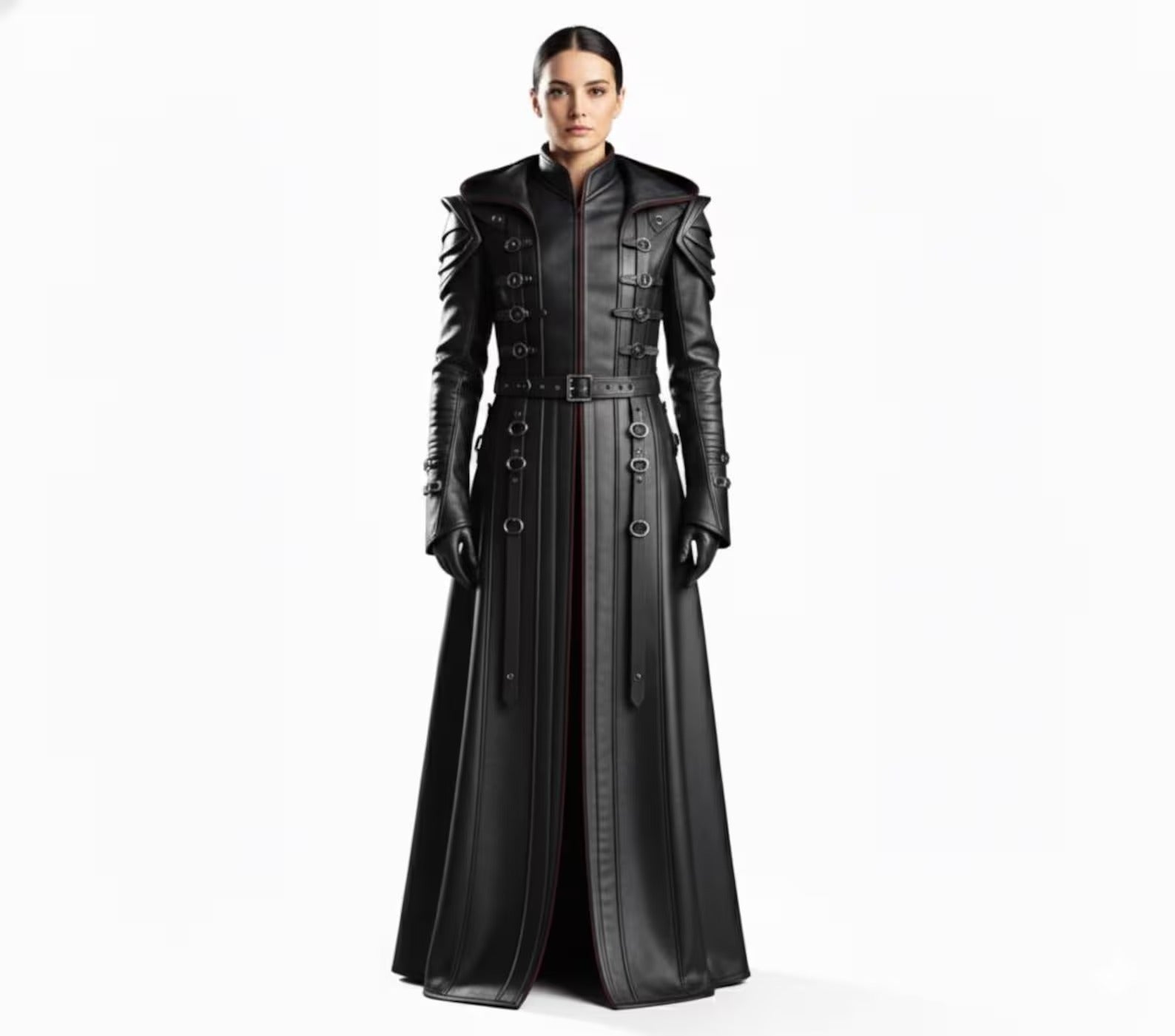 Black Hooded Leather Trench Coat | Gothic Long Coat Main image