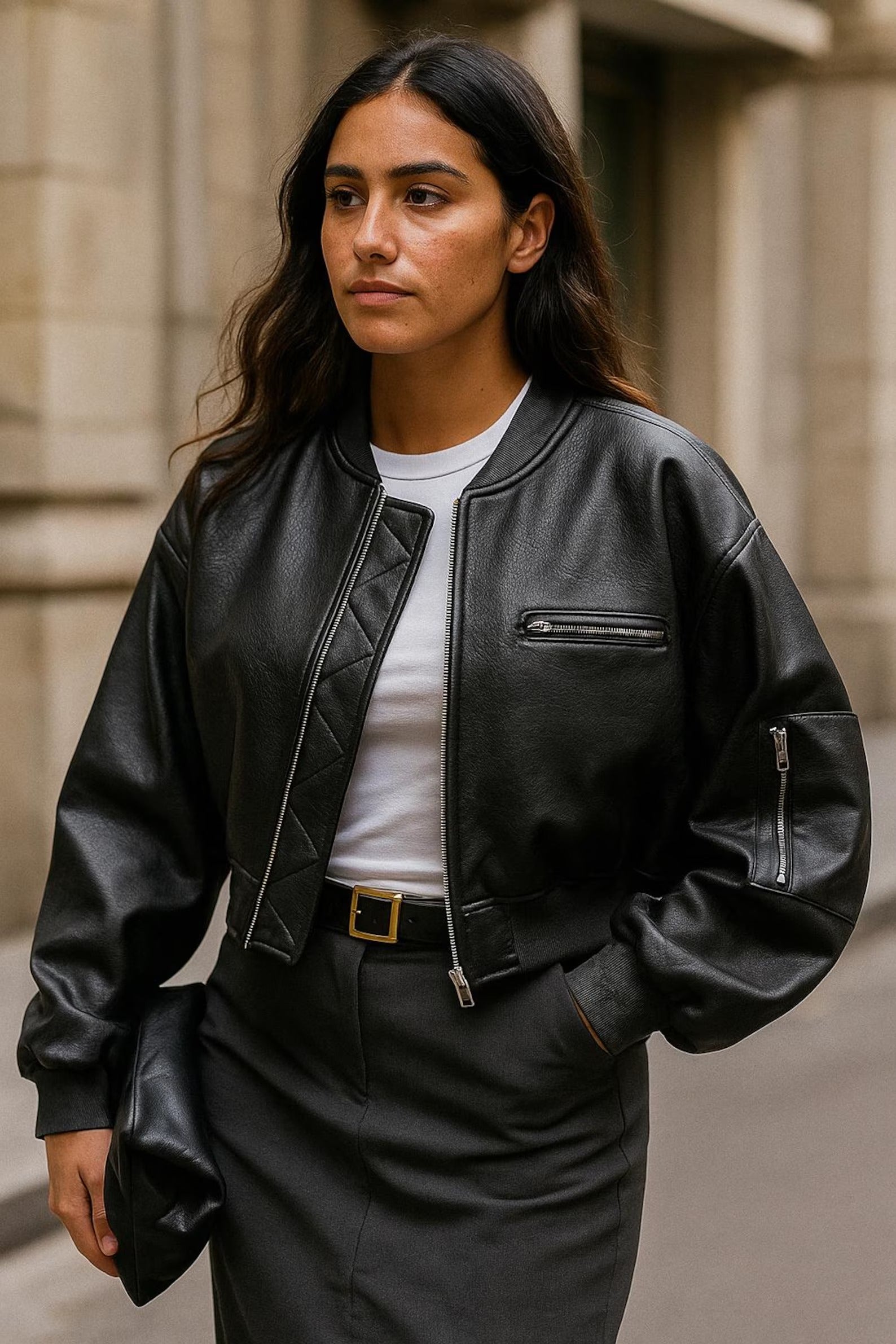 Cropped Faux Leather Bomber Jacket Main image