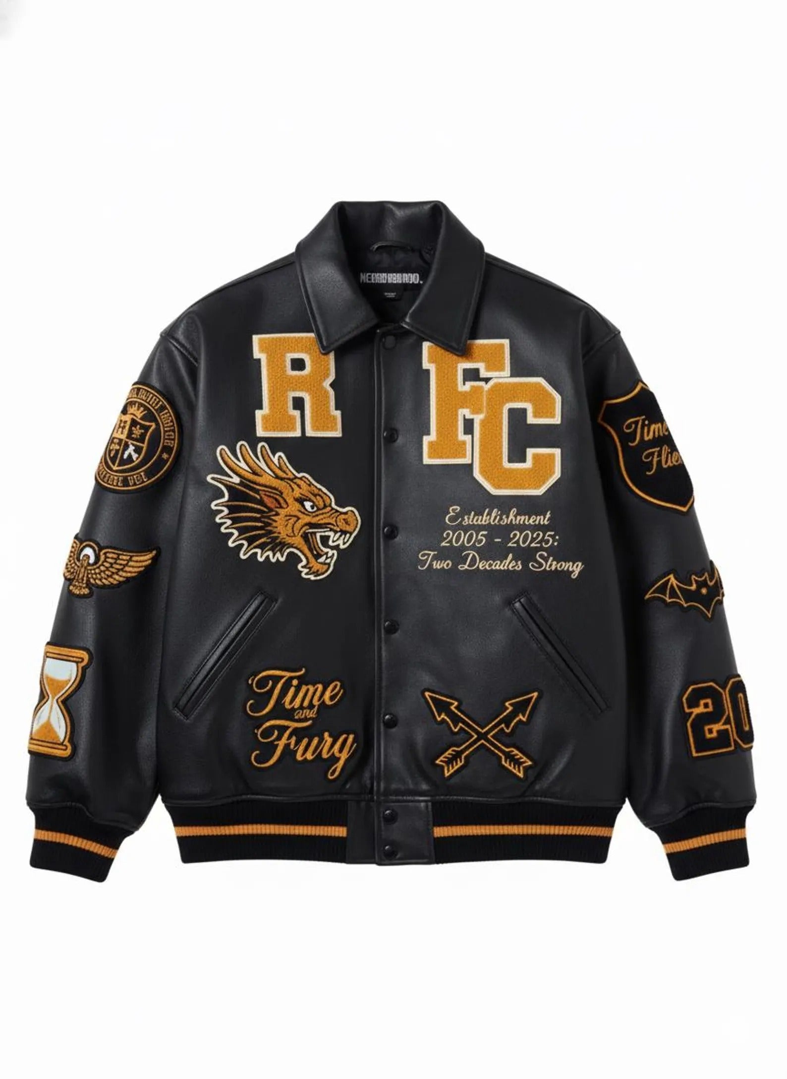 Unisex RFC Dragon Varsity Bomber Jacket | Black Leather Look Patch Coat for Men & Women Main image