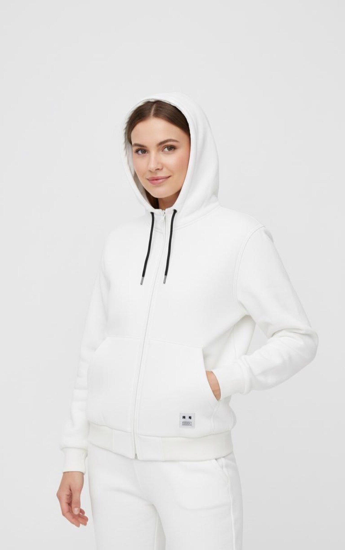 Unisex White Fleece Zip-Up Hoodie | Minimalist Winter Jacket